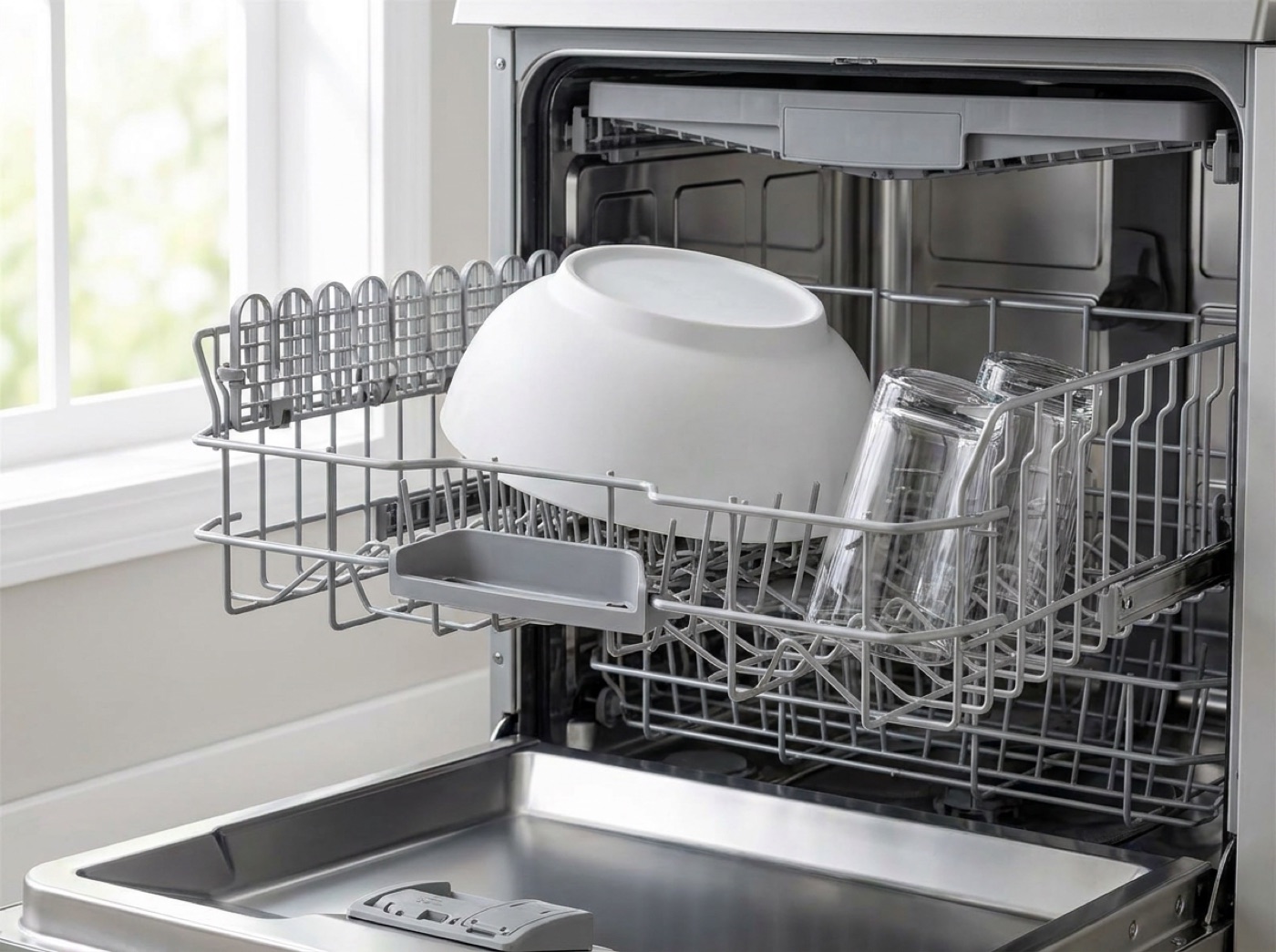 The bowl stands upside down in the top basket of a dishwasher.