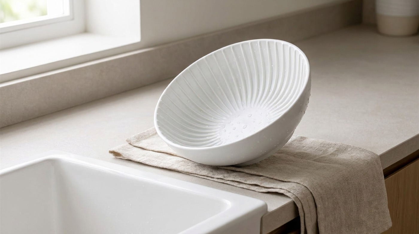 A clean REBRASTA bowl dries on a linen towel next to a sink.