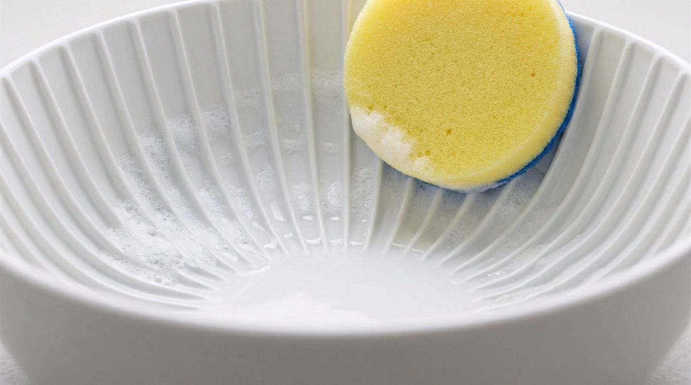 A soft sponge cleans the channels between the ribs of the bowl.