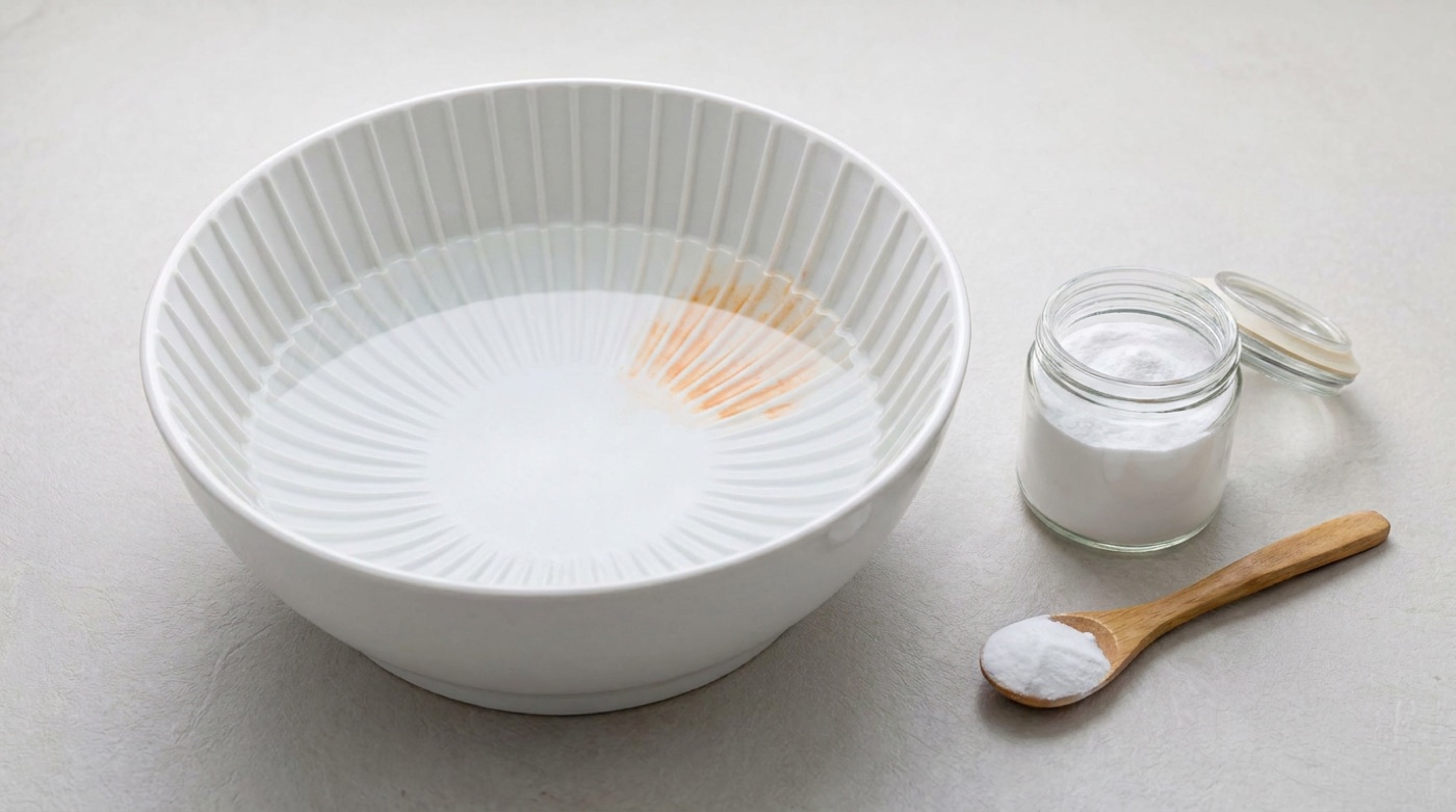 The bowl soaks in warm water with baking soda to remove a tomato stain.